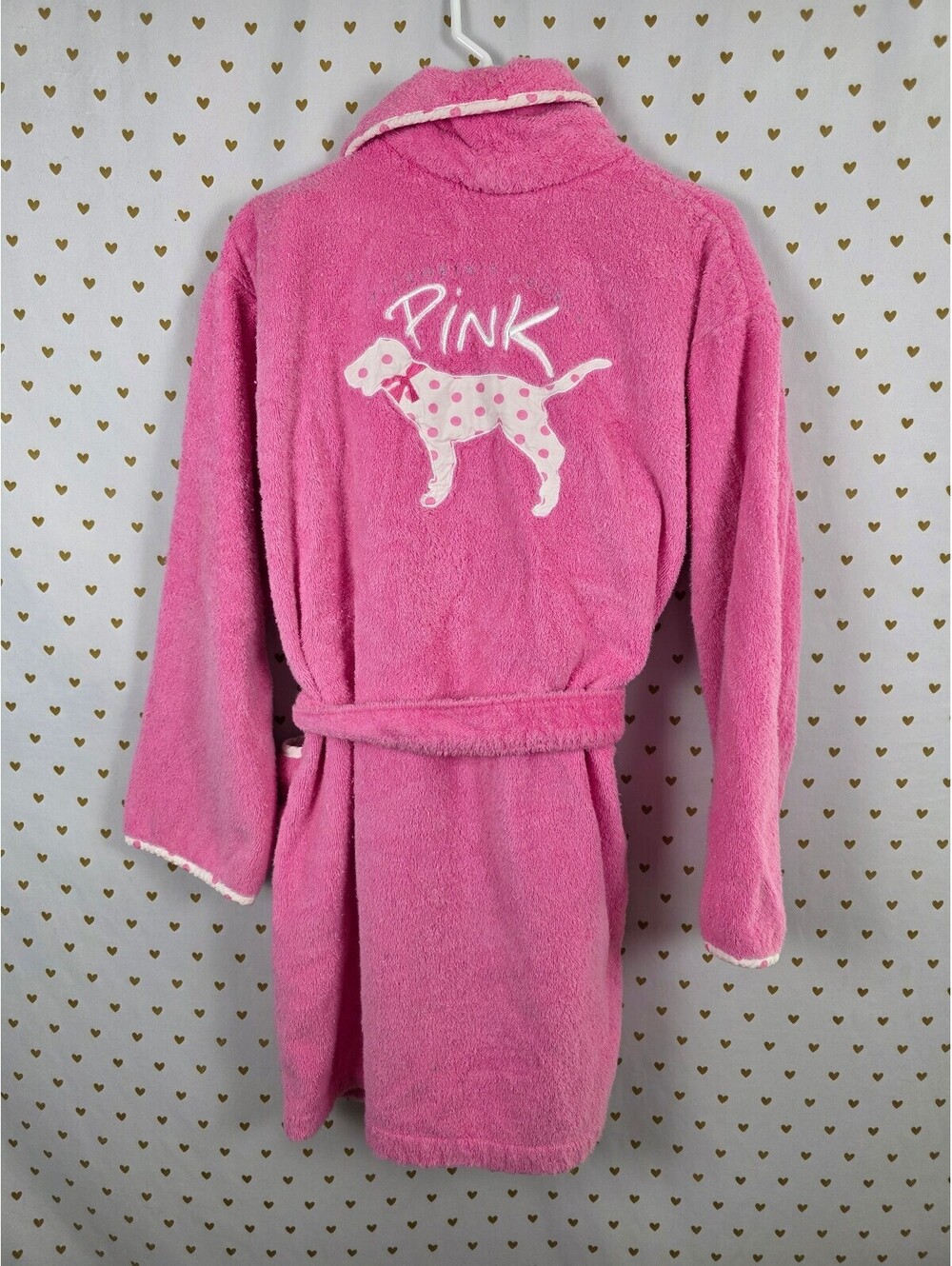 Victoria's Secret PINK Plush Terry Robe White Pink Polka Dot Dog XS SMALL 2004